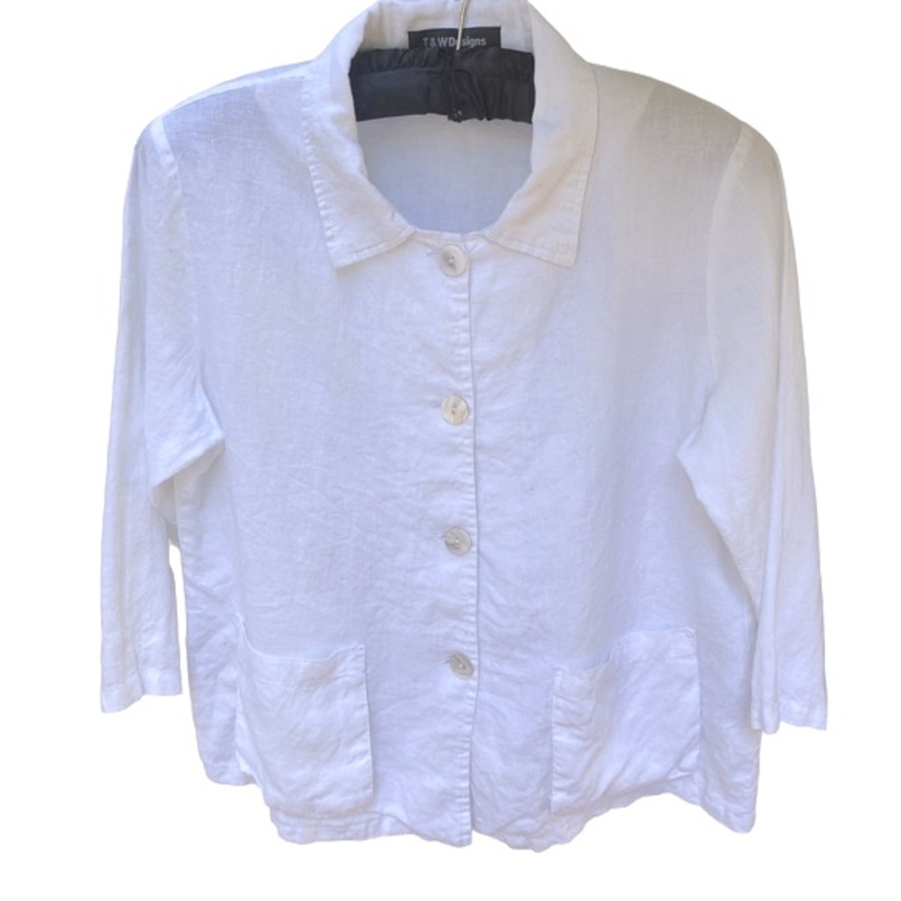 T & W Designs 100% Linen Button Front Top with Pockets and Back Pleat EUC Size L